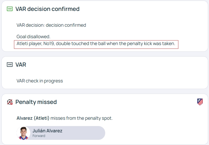 官方明確！歐冠官網(wǎng)：阿爾瓦雷斯罰點(diǎn)時(shí)2次觸球，VAR決定進(jìn)球無效